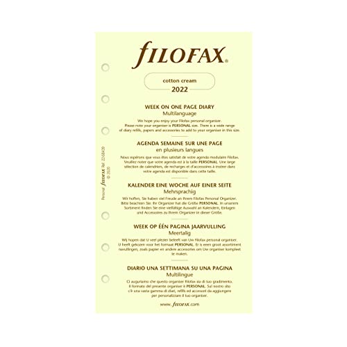 Filofax Refill, Personal/Compact Size, Week On One Page, Cotton Cream Paper, Unruled, Multilingual: Five Languages, 2022 (C68439-22) #TOP2