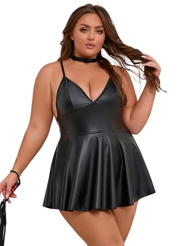 sunshinelady Lederkleid Damen Wetlook Kleid Sexy Große Größen PU Leder Dessous V Ausschnitt Minikleid Rückenfrei Unterwäsche mit Halsband...