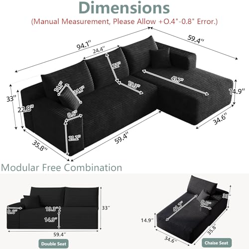 Image of 95 inch Modular Sectional Sofa, Modern Corduroy Cloud Couch with Side Pockets, Boneless Couch Upholstered 3-Seater L-Shaped Sofa for Living Room, No Assembly Required (Black,Right-Facing Chaise)