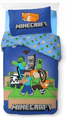 Minecraft Parure de lit Enfant | Housse de Couette 140x200 cm + taie d’Oreiller 50x70 cm, 100% Coton | Parure Douce, colorée et réversible | Design «Ready...