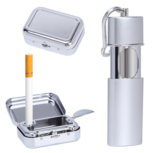 Pocket Ashtray, Odour-Proof Travel with Hook, Mini posacenere tascabile inodore per affumicatori, posacenere portatile da viaggio, resistente al calore, 2 pezzi (argento + argento)
