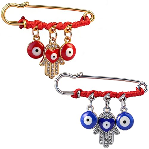 Evil Eye Charm Pins, Pregnancy Protection Safety Pins with Red String, 2 Pcs Good Luck Brooch Hamsa Charms for Bag Baby Stroller Clothes Hats Blanket(Silver/Gold)
