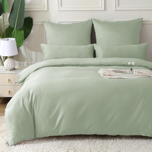 MILDLY Satin Bettwäsche 200x200 Baumwolle,Seidig Luxus Bettzeug,Salbeigrün – Ansicht 1