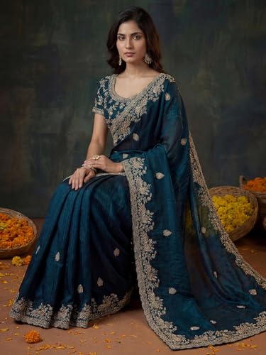 Image of SIRIL Women's Tissue Silk Scalloped Border Embroidery Saree with Unstitched Blouse Piece