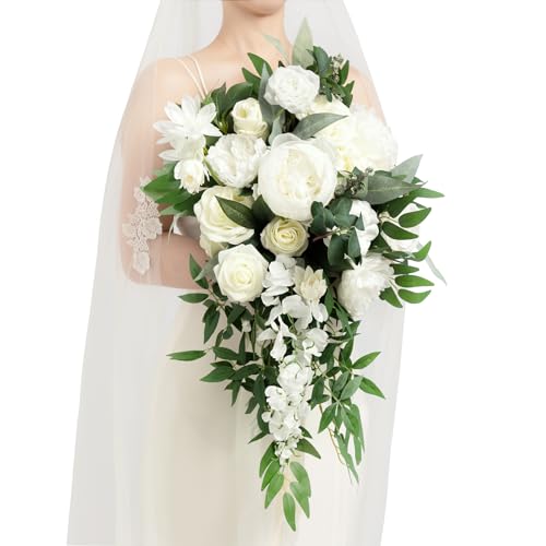 Ling's Moment White Cascading Bridal Bouquet, 15 Inch Ivory Artificial Flowers for Wedding Bride by Ling's moment - Used condition - CA$119.67