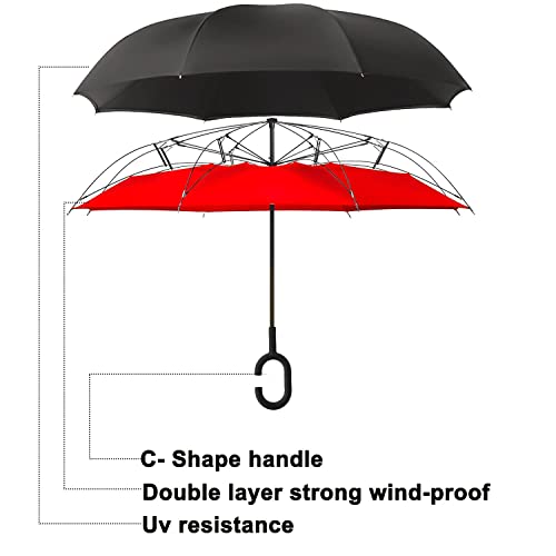 Image of MRTLLOA 40 /49 /56 Inch Oversize Windproof Inverted Reverse Upside Down Umbrella, Golf Size Rain Umbrella, Double Layer, C-Shaped Handle for Men, Women and Kids (Black&Red-2 Pack, 49 Inch)