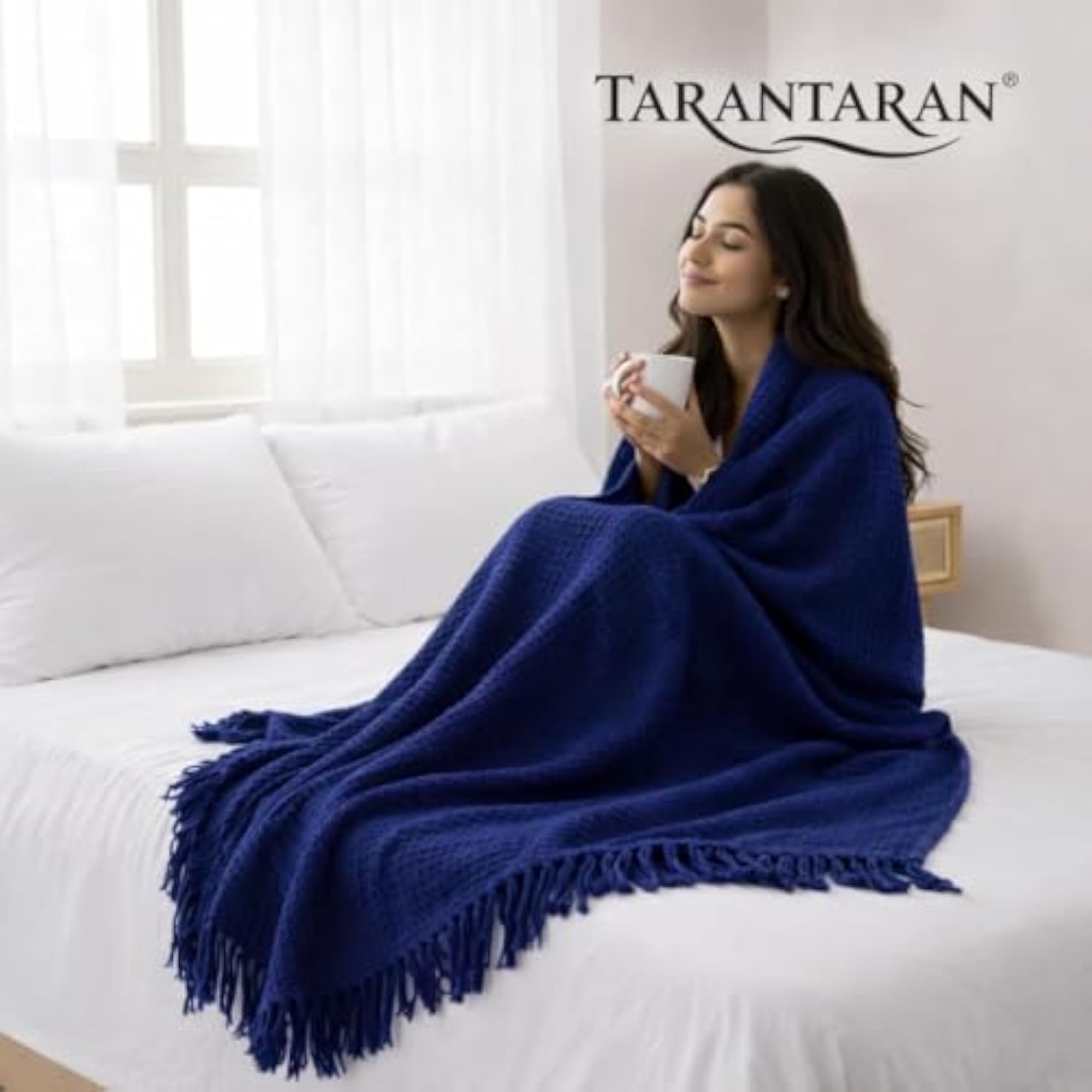 Soft Blue Waffle Weave Cotton Throw Blanket with Tassels