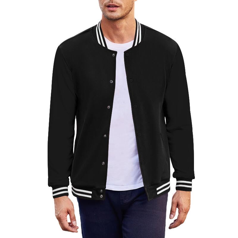 Mens Baseball Bomber Jackets Button Long Sleeve Solid Color High School Varsity Jacket Men Fall Jacket with Pockets