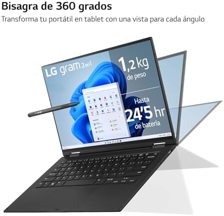 LG Gram 2 en 1 14T90R-G.AA75B – Ordenador Portátil, Pantalla Táctil 14 Pulgadas IPS , Intel Core i7 13ª Gen, Windows 11 Home, 16 GB RAM, 512 GB SSD, 1.2 Kg, 24.5 hr de Autonomía, Color Negro