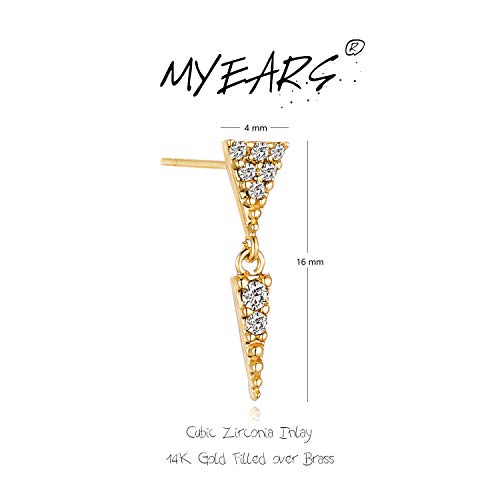 Myears Women Triangle Earrings Gold Stud Link Dangle Drop Diamond Cubic Zirconia 14K Gold Filled Small Simple Handmade Hypoallergenic Everyday Geometric Jewelry #TOP3