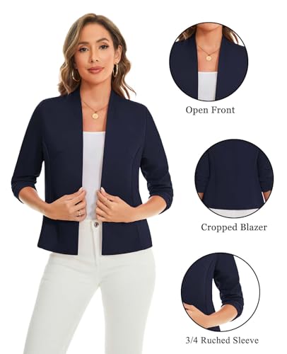 MINTLIMIT Women's Collarless Blazer Ruched 3/4 Sleeve Open Front Business Work Office Jacket Blazers3