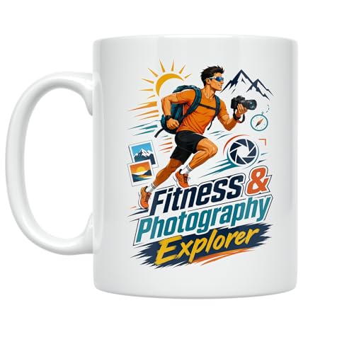 Fitness Enthusiast Coffee Mug - Runner with Camera Capturing Scenic Shots - 11 oz White Ceramic - Adventure Travel Theme