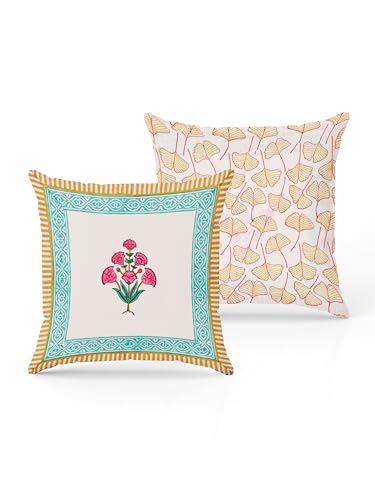 Image of BLOCKS OF INDIA Hand Block Printed Cotton,300 TC Cushion Cover (16 X 16 Inches) (Cushion 4), Multicolor