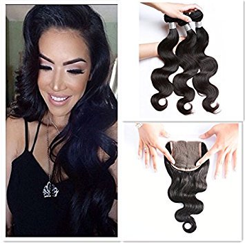 Perstar Hair Brazilian Body Wave with Closure Virgin Remy 3 Bundles with 4"4" lace closure 7A grade Uprocessed hair bundles with free part closure (16 18 20+16 free part, Natural Color)