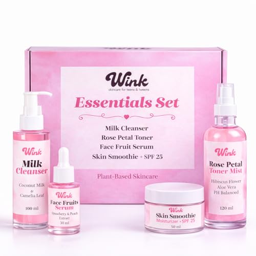 Wink Skin Care Kit for Teens | Plant-Based Facial Kit for Girls & Tweens, 4-Piece Set with Milk Cleanser, Rose Petal Toner, Face Fruit Serum & SPF Moisturizer, Mom-Approved Essential Kit for Young