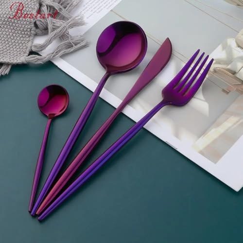 Image of aDai Raspberry Purple Silverware Set | Satin Finish 4-Piece Stainless Steel Flatware Set | Dishwasher Safe Cutlery for Home, Restaurant & Gifting