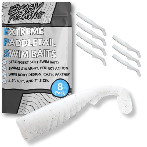 ELIASVFISHING Extreme Paddle Tail Swim Baits 8 Pack - Soft Plastic Swimbaits, Premium Paddle Tail Swimbaits for Bass Fishing, Great Action Lifelike Saltwater Soft Swimbait Shad Lure, White 5.5