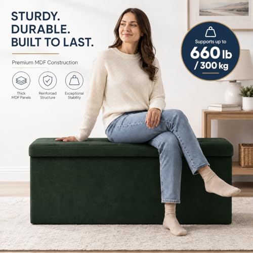 Image of ALASDO 43 Inch Folding Storage Ottoman Bench with Hidden Storage, Velvet Storage Ottoman Foot Rest Stool, End of Bed Bench for Bedroom, Living Room, Entryway and Closet, Dark Green