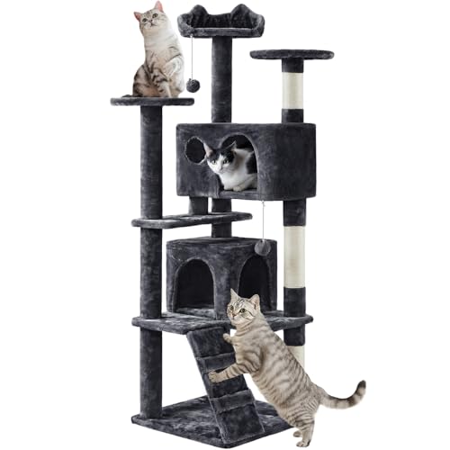 Yaheetech Kratzbaum groß Kletterbaum 158 cm hoch Katzenkratzbaum, Stabiler Katzenbaum mit 3 Plattformen, 3 Kratzsäulen, 2 Höhle, Plüschbälle Katzenmöbel, Schwarz