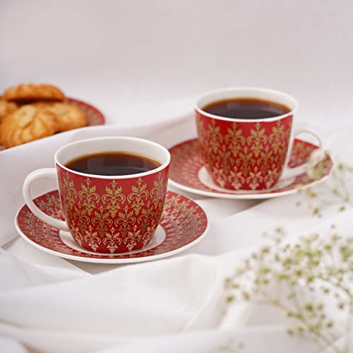 Image of Dandy Lines Premium Royal Cups and Saucers Set of 12 Red with Pure Gold - Luxury Tea Cups with Saucer - Cup and Saucer Set - Pack of 12 - Ideal for Tea Parties - Elegant Design - Durability and Style