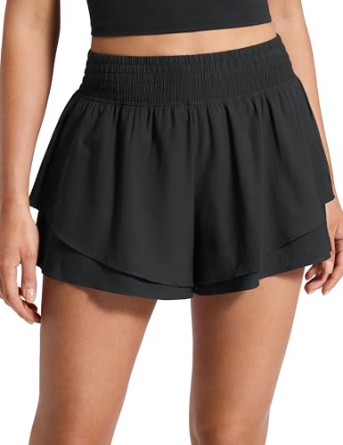 CRZ YOGA Drapey Double Ruffles Athletic Shorts for Women 2.5 - High Waisted Flowy Tennis Workout Running Tiered Skorts Black Medium