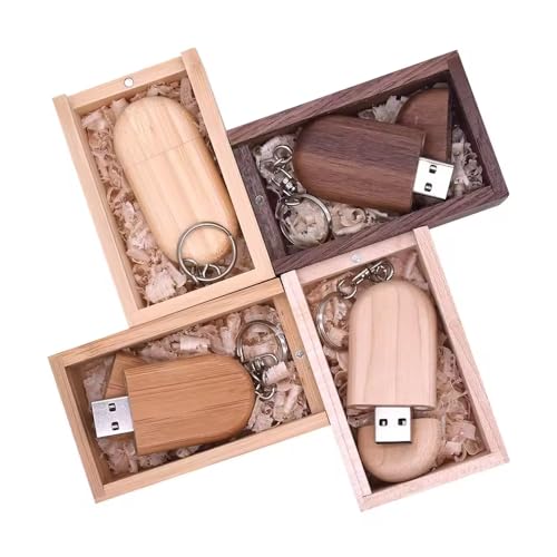 DISKIAPLUS Sleek Oval Wooden USB Drives with Keychains (4-Pack) | USB 3.0 High-Speed | Multi-OS Compatible | Presentation Gift Box (128, GB)