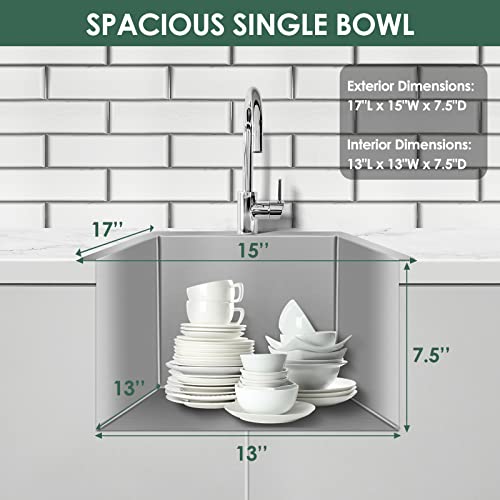 Burchain 17 X 15 Inch Drop In Kitchen Sink Top Mount Bar Sink 16 Gauge Stainless Steel Single Bowl Workstation With Sink Protector (Brushed Nickel) #TOP2