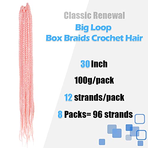 Bohobabe Big Loop Box Braids Crochet Hair 30 Inch 8 Packs Prelooped, Medium Long 3X Knotless Crochet Box Braiding Hair, Three Tones Goddess Braid (Pink) #TOP1
