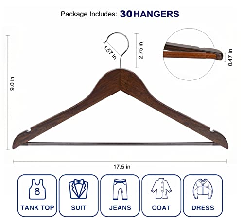 Amber Home Solid Wood Suit Coat Hangers 30 Pack, Smooth Retro Finish Wooden Dress Hangers With Non Slip Pant Bar, Clothes Hangers With 360 Swivel Hook & Notches For Jacket, Pant, Shirt (Retro, 30) #TOP1
