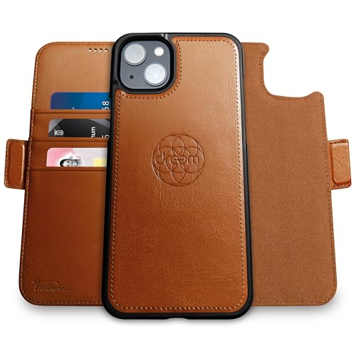 Image of dreem Fibonacci Compatible with iPhone 14 Plus Wallet case / 2-in-1 Shockproof case and Detachable Vegan Leather Folio, MagSafe Compatible, RFID Protection [Caramel]