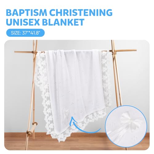 Image of Baby Blanket White Lace Knitted Crochet Towel Baptism Christening First Communion Gifts for Girls Receiving Blankets for Neutral Newborns Toddler