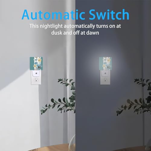 Image of Vintage Flowers Night Light,Blue White Stripes Night Lights Plug into Wall Dusk to Dawn Sensor Led Lamp for Women Men,Led Lights for Stairway /Hallway /Bedroom,0.5W