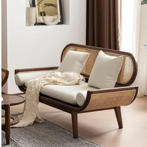 Image of Modern Rattan Cane Sofa with Curved Arms Wooden Frame, Beige Cushions and Throw Pillows Sofa for Living Room, Bedroom, Hallways (3+2 Seater)