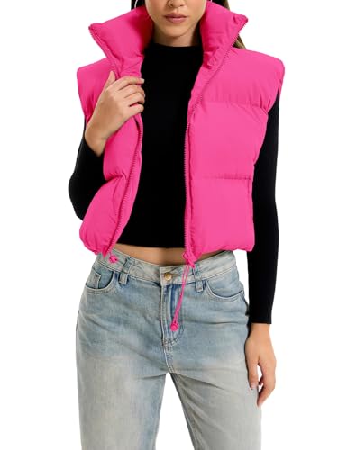 OYIGELZ Damen Steppweste Fashion Stehkragen Reißverschluss Kurze Female Weste Gefütterte Pufferweste Jacken Mäntel(Rosa-W,S)