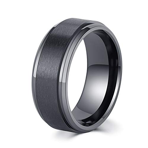 LerchPhi Mens 8mm Black Zirconium Ring Wire Drawing and Polished Process Stepped Edge Comfort Fit