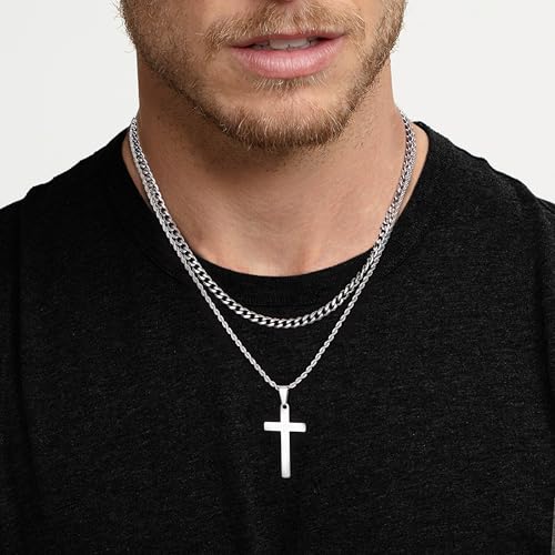 LOYALLOOK 6PCS Silver Chain for Men Women Stainless Steel Cross Chain Layered Cuban Link Figaro Snake Box Chain Cross Pendant Necklace 18-20IN/20-22IN3