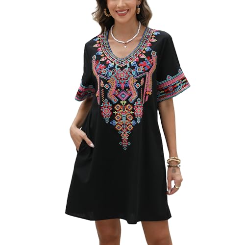 Image of Grosy Fiesta Embroidered Mexican Dress for Women Beach Vacation Plus Size Short Sleeve Summer Boho Dresses with Pocket