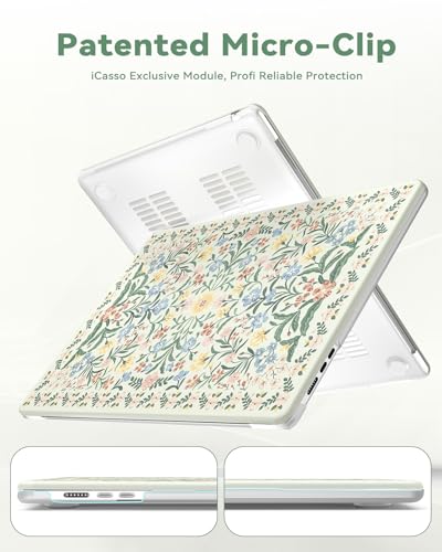 Image of iCasso for MacBook Air 15 inch Case 2026 2025-2023 Release M5 A3448 M4 A3241 M3 A3114 M2 A2941, Slim Vintage Pattern Hard Shell Case for Mac Air 15.3 inch, Keyboard Cover + Screen Flim-Green Floral