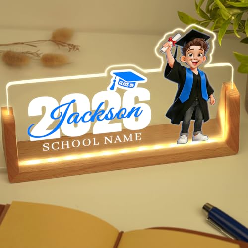 Image of Custom Name Plate for Desk, Personalized Light Up Acrylic Desk Name Plate, Personalized Graduation Gifts 2026 for Him Her, Class of 2026 Graduate Gift, High School College Grad Gift (Design17-Graduation Boy)