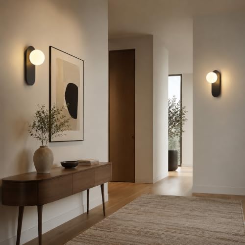 Image of Mid Century Modern Black Globe Wall Light Fixture for Bedroom | Milk Glass Sphere Lampshade,Matte Black Backplate,Warm Ambient Lighting,Up or Down Installation,Suit for Bedside and Corridor
