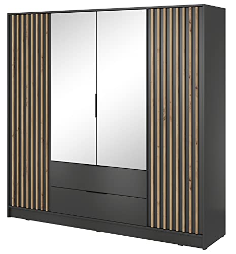 Furniture24 Kleiderschrank Nelly 4D Schrank mit Spiegel 2 Türiger 2 Schubladen Graphite Drehtürenschrank