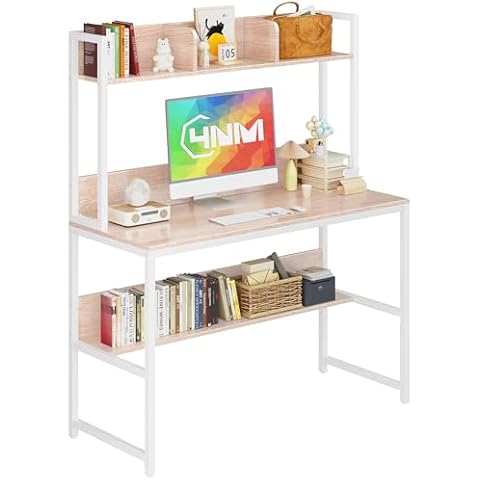 4NM Small Desk with Hutch, 39.4" Computer Desk with Bookshelf, White Home Office Desk Study Writing Table for Bedroom Space Saving - Natural White Cover