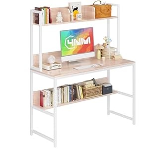 4NM Small Desk with Hutch, 39.4″ Computer Desk with Bookshelf, White Home Office Desk Study Writing Table for Bedroom Space Saving – Natural White