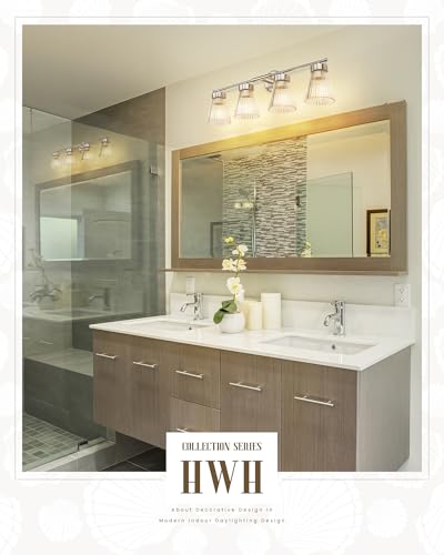 Image of 4-Light Bathroom Vanity Light Fixtures, HWH Brushed Nickel Bathroom Vanity Lighting Modern Vanity Light Over Mirror with Clear Striped Glass Shade, 5HZG97B-4W BN