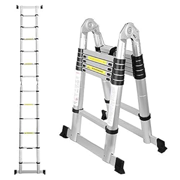 Tubiaz - Scala telescopica in alluminio, blocco di sicurezza su più gradini, allungabile, antiscivolo, multiuso, carico massimo 150 kg, 3,8 m (1,9 m + 1,9 m)