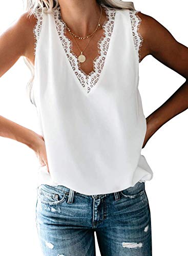 VIISHOW Womens V Neck Lace Trim Cami Tank top Casual Sleeveless Lightweight Blouse White Shirt, White, Large