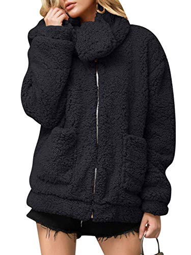 Glamaker Women's Long Sleeves Warm Faux Fur Oversized Teddy Coat Jacket Fluffy Lambswool Outwear Black XX-Large