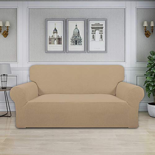 Image of Easy-Going Stretch Oversized Loveseat Slipcover 1-Piece Sofa Cover Furniture Protector Couch Soft with Elastic Bottom for Kids Polyester Spandex Jacquard Fabric Small Checks Sand