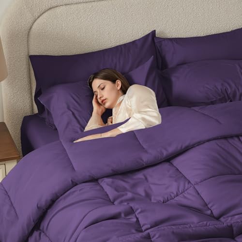 Anluoer Full Comforter Set 7 Piece, Dark Purple Bed in a Bag with Sheets, Comforters Full Size Bedding Sets with 1 Comforter, 2 Pillow Shams, 2 Pillowcases, 1 Flat Sheet,1 Fitted Sheet