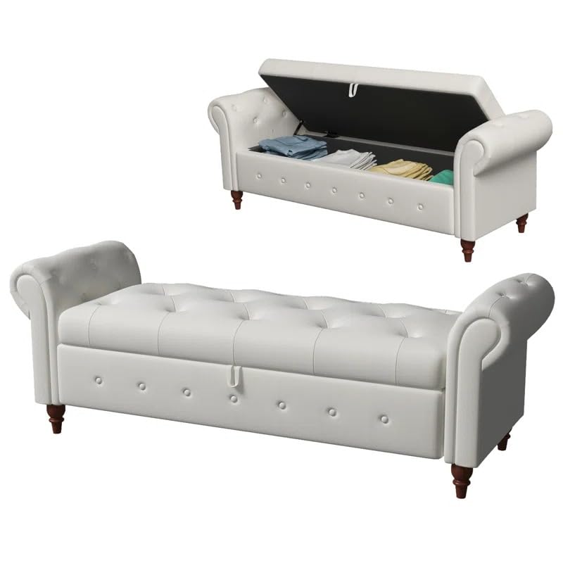 Image of LEGACY OF COMFORT F4 Velvet Upholstered Storage Bench Ottoman 2 Seater Sofa Chaise Lounger or Living Room Bedroom Office (Beige Velvet)